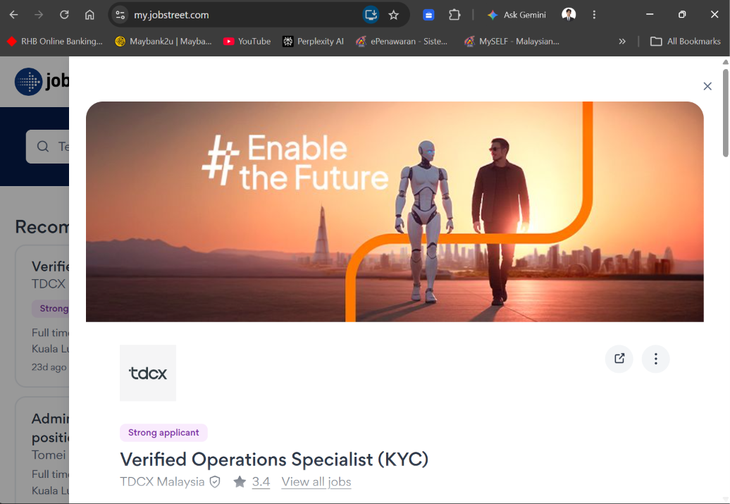 JobStreet search results page showing many job listings instead of one job.