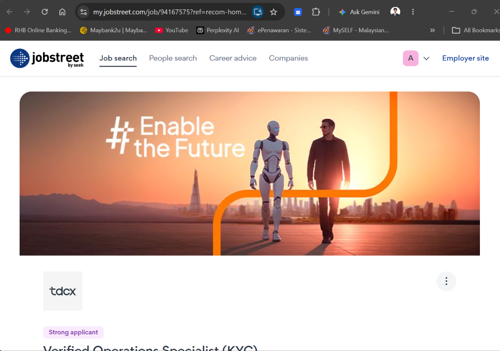 Individual JobStreet job page for Verified Operations Specialist (KYC) at TDCX Malaysia.